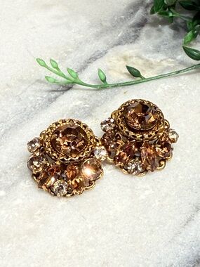 Vintage Gold-Tone Brown Crystal Cluster Clip-On Earrings